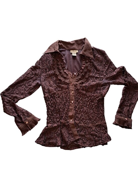 Midnight Velvet Tops - Y2K 90'S Renaissance Womens Brown Lace Blouse Top Ruffle V-neck Festival Gypsy M